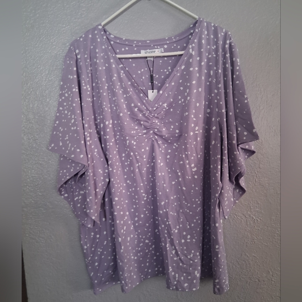 Chico's NWT Touch Of Cool Cloud Shirred Flutter Tee Gentle Lavender 4/XXL - Picture 2 of 7
